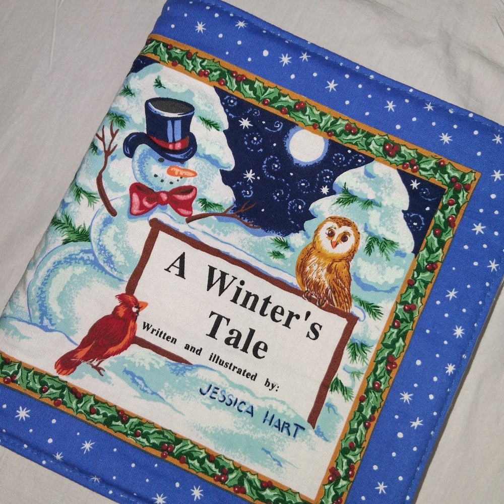 A Winters Tale Quilted Fabric‎ Book Cover Storybook Artwork Snowman Owl Cardinal